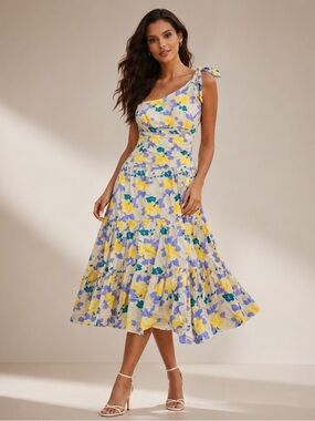 Petal & Pup Yellow and Blue Floral One-Shoulder Dress| Sz XL NWT